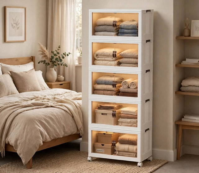 5 tier storage cabinet with magnetic see through doors and wheels. 50 x 32 x 140cm, ideal for small spaces. Clothes and bedding storage. Shop in Nairobi.