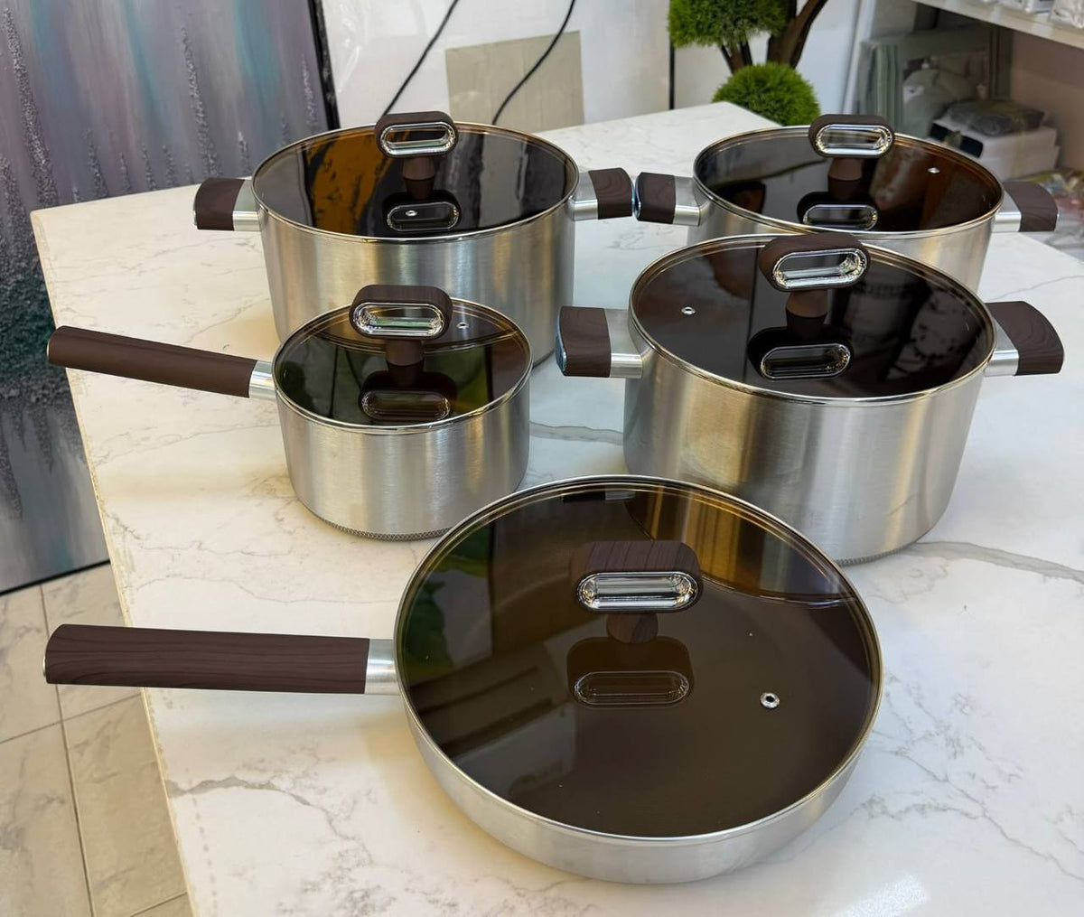 Cookware set titanium coated stainless steel with amber glass lids and wood look handles — iDecorators Kenya