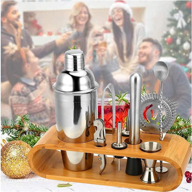 Cocktail Shaker  With A Stylish Bamboo Stand 10pcs
