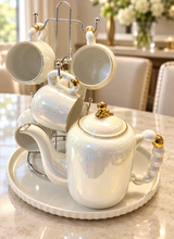 Tea set pearl ceramic with gold accents mug stand and tray dining table — iDecorators Kenya