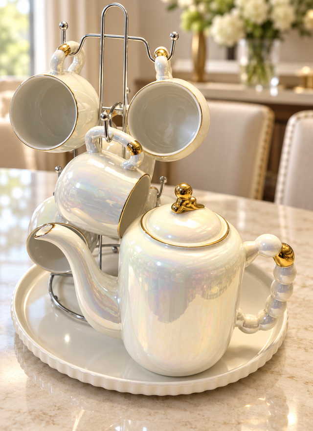 Tea set pearl ceramic with gold accents mug stand and tray dining table — iDecorators Kenya