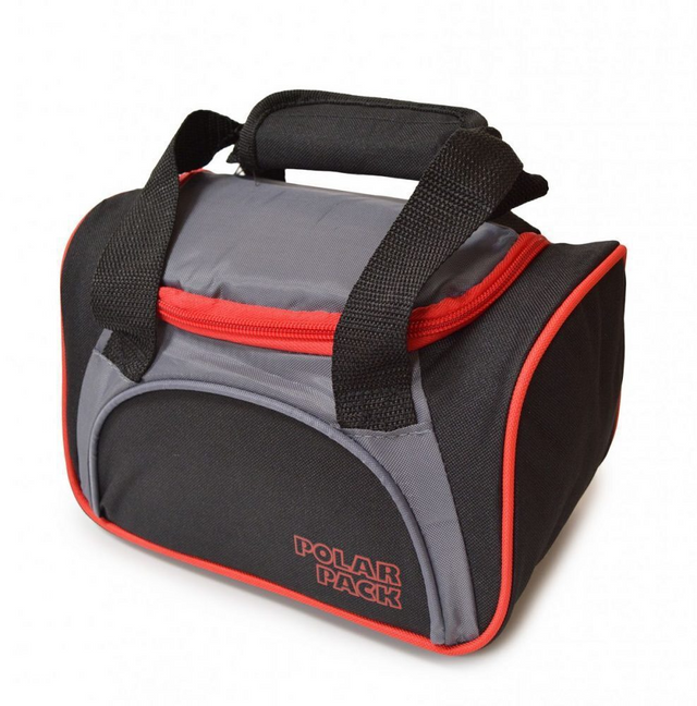 Grey portable insulated lunch bag with black carry handles and orange zip detailing