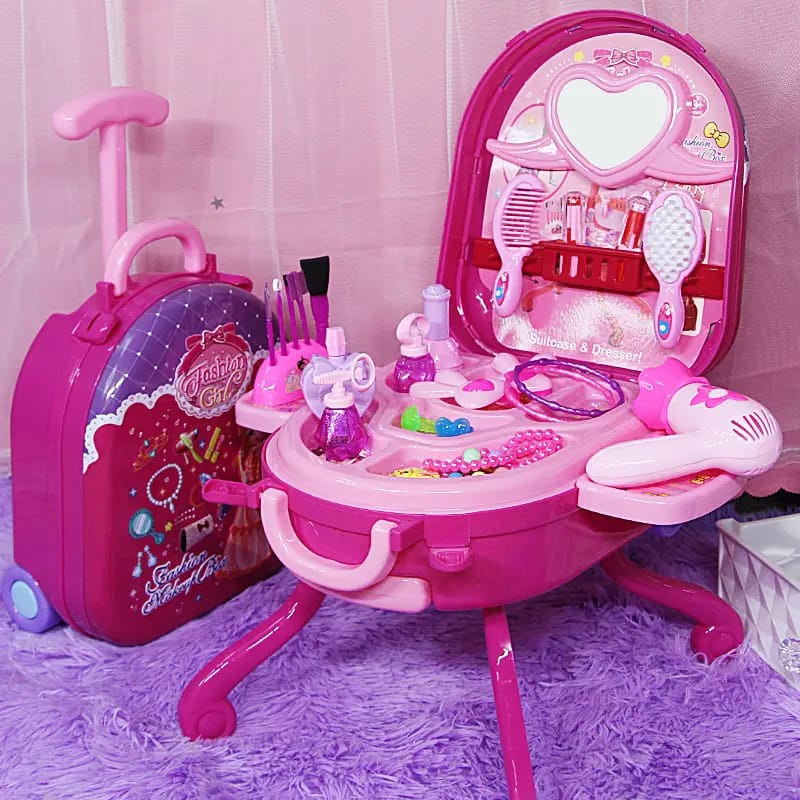 Pink kids 3-in-1 makeup suitcase playset with toy beauty accessories, mirrors, brushes, and pretend salon dressing table for girls role play.
