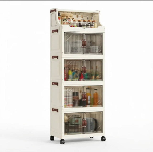 Kitchen storage cabinet cream 5 tier with fluted doors open spice shelf and wheels — iDecorators Kenya