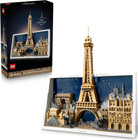 LEGO Architecture Paris City of Love building set 21064 with 958 pieces, showing completed model of the Eiffel Tower, Arc de Triomphe, Notre-Dame Cathedral and Louvre Pyramid on a starry navy display base, alongside retail box — available at iDecorators Kenya, Nairobi.