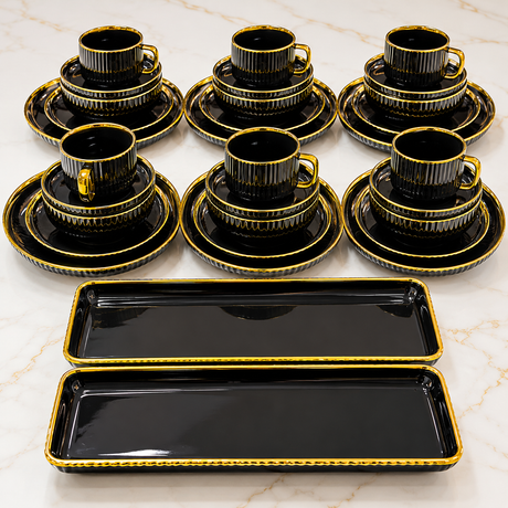 Black European Porcelain Dinner Set with Gold Rims — 32 Pieces spn