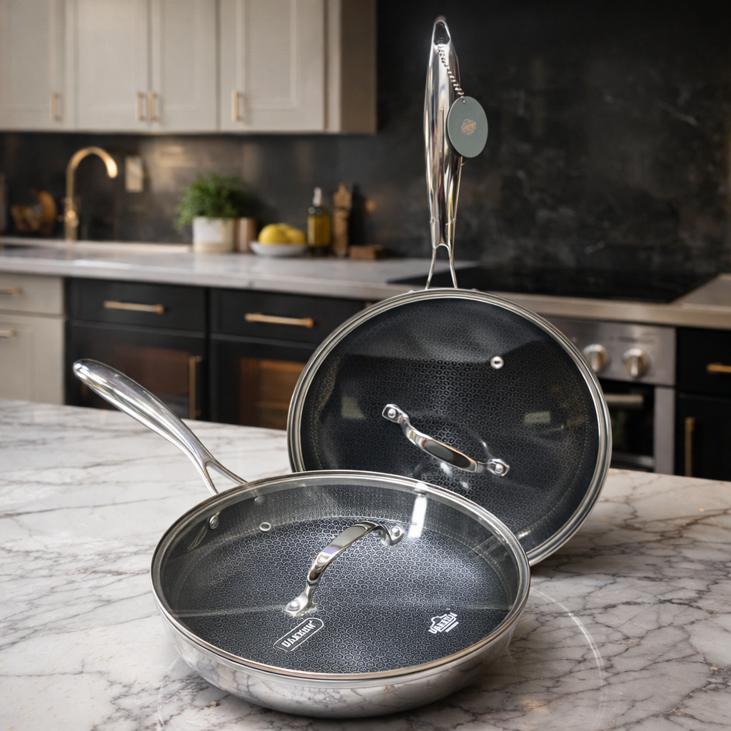 Two frying pans with glass lids on a marble countertop in a kitchen setting.
