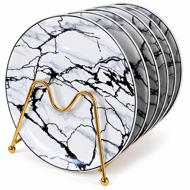 Round Ceramic Dinner Plates with White Marble and Black Vein Design, 10.5 Inch — 6 Pieces spn
