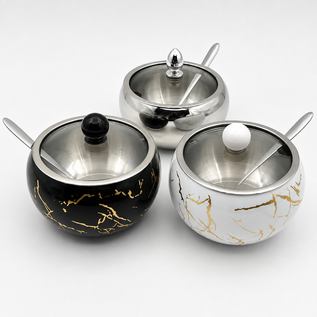 Marble Sugar Dish with Stainless Steel Lid