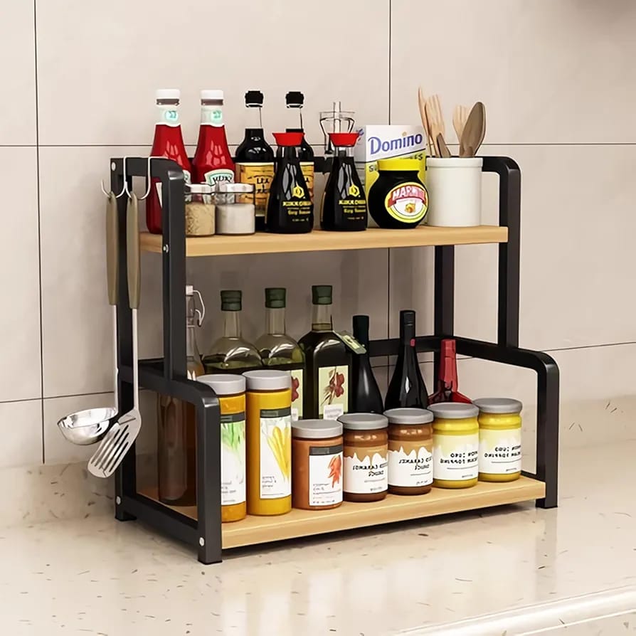 Metallic & Bamboo 2-Tier Spice/Counter Rack (50 × 18 × 42 cm) njr