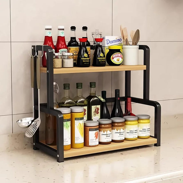 Metallic & Bamboo 2-Tier Spice/Counter Rack (50 × 18 × 42 cm) njr