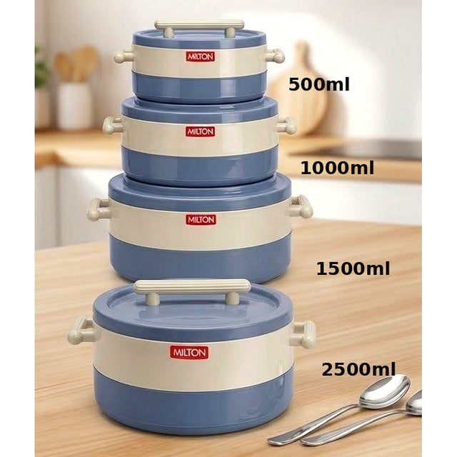 Blue and Cream: Insulated hot pot set blue and cream 4 sizes stacked on kitchen counter — iDecorators Kenya
