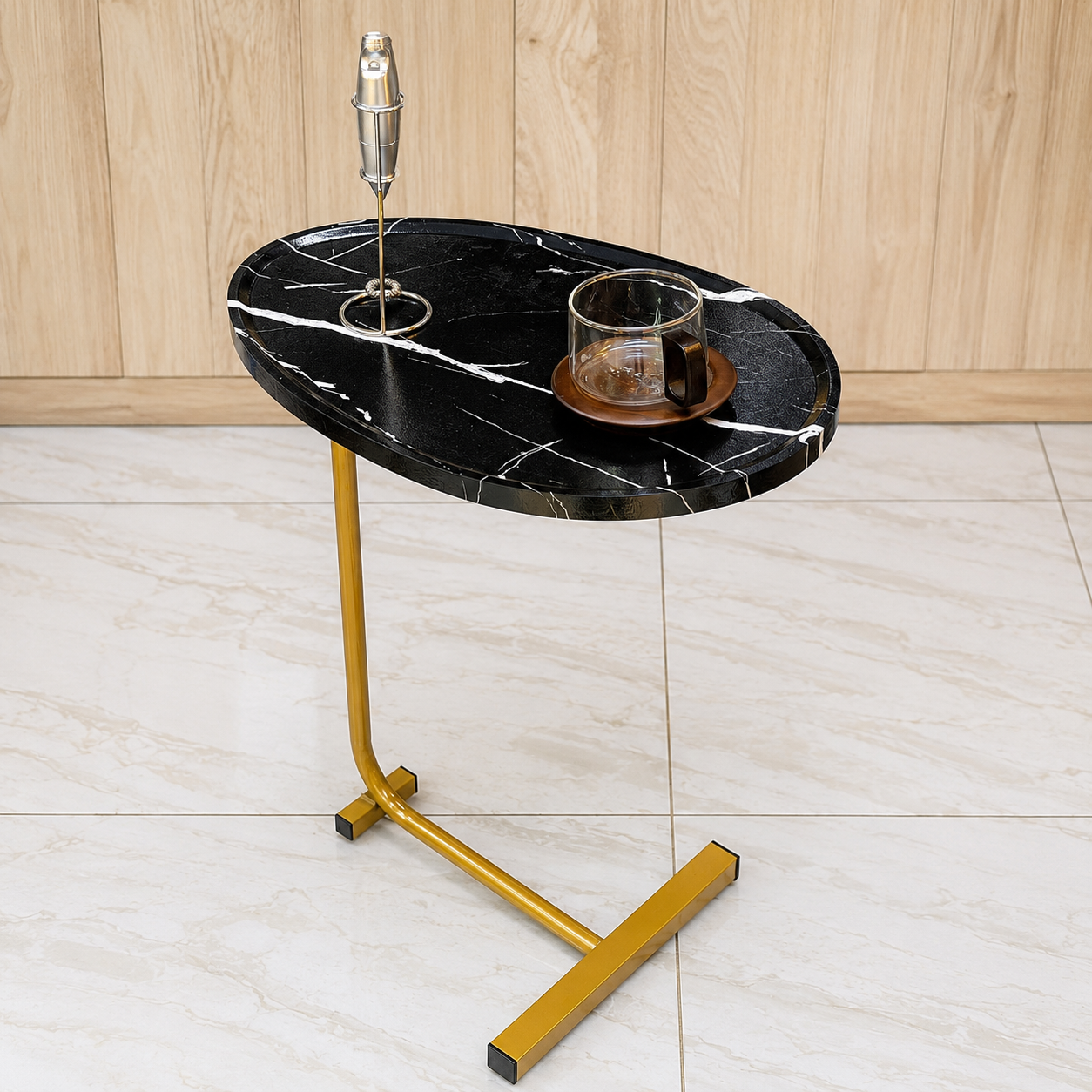Modern black marble C-shaped side table with a gold metal frame, ideal for living rooms, bedrooms, offices, and sofa-side use.