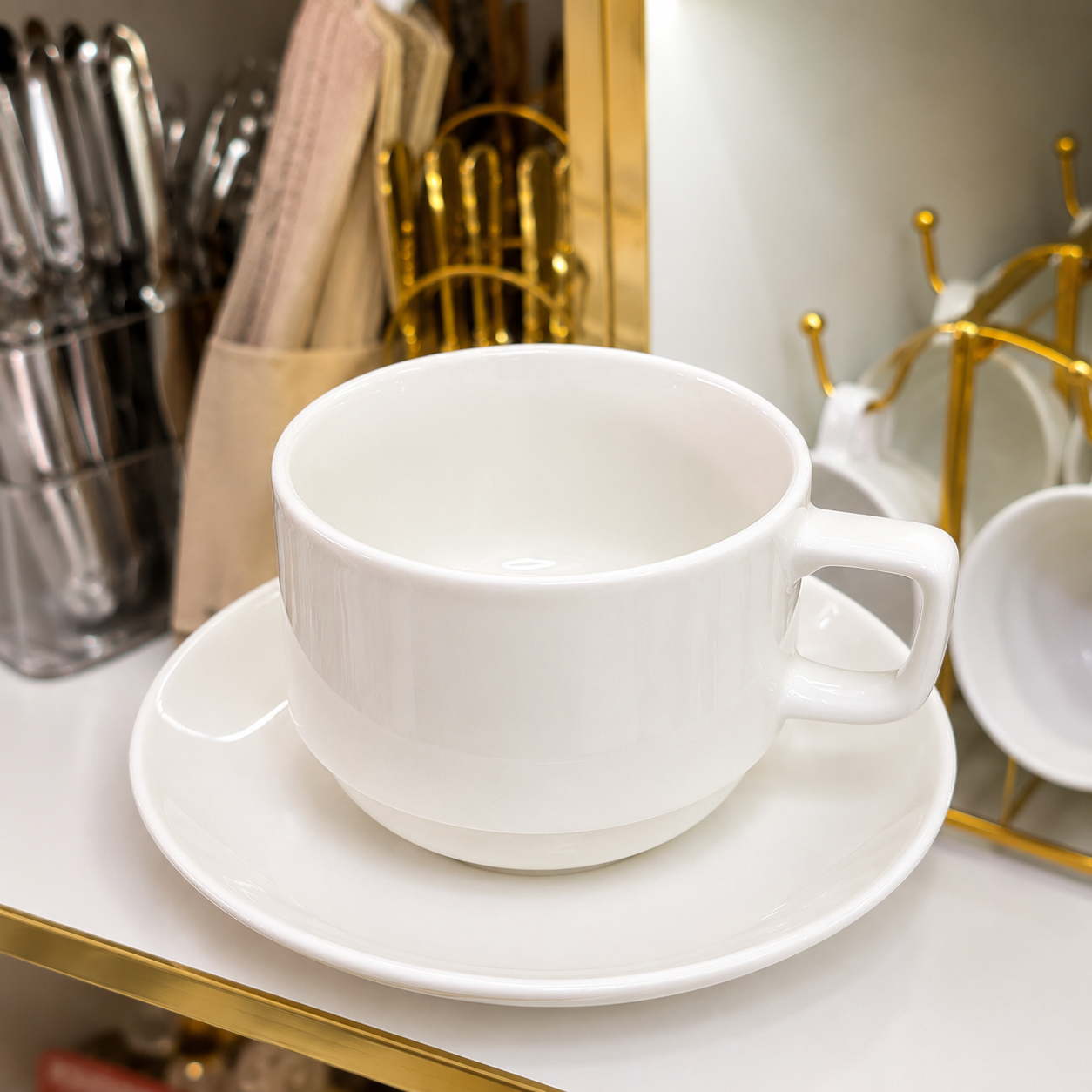 Modern Ceramic Soup Cup &amp; Saucer Set – Set of 6