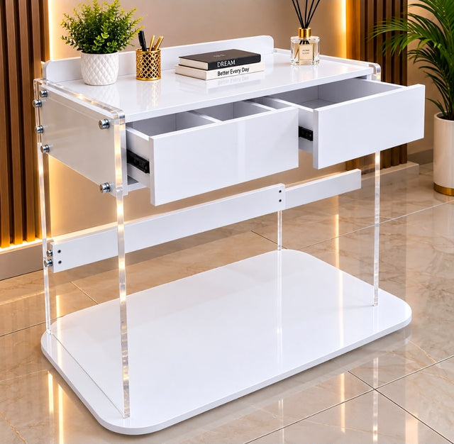 Modern white console table with two drawers, acrylic side panels and lower storage shelf-Bebabeba wh