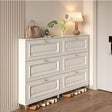 Modern cream white flip shoe cabinet with six tipping compartments and gold handles for stylish entryway shoe storage and home organization.