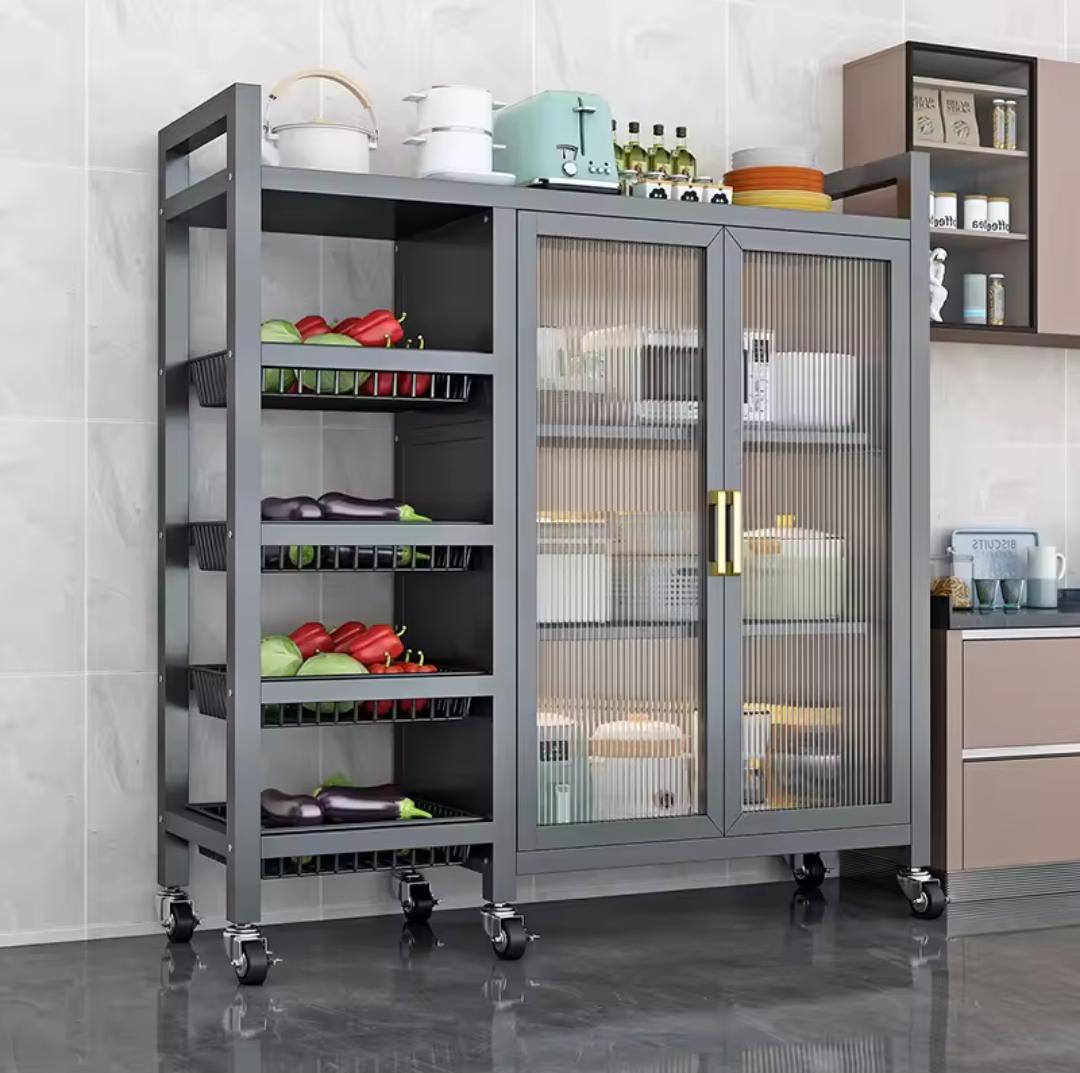 Modern kitchen food pantry cabinet with acrylic doors, adjustable shelves, rolling wheels, and side storage baskets for organized kitchen and dining room storage.