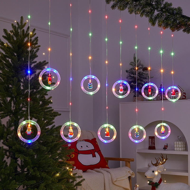 Multicoloured Ring Christmas LED Curtain Lights with Santa san