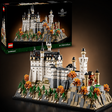 LEGO Icons Neuschwanstein Castle building set 10333 with 2207 pieces, showing completed model of the Bavarian castle with turrets, towers, autumn trees and rocky cliff base, alongside retail box — premium adult collector set available at iDecorators Kenya, Nairobi.