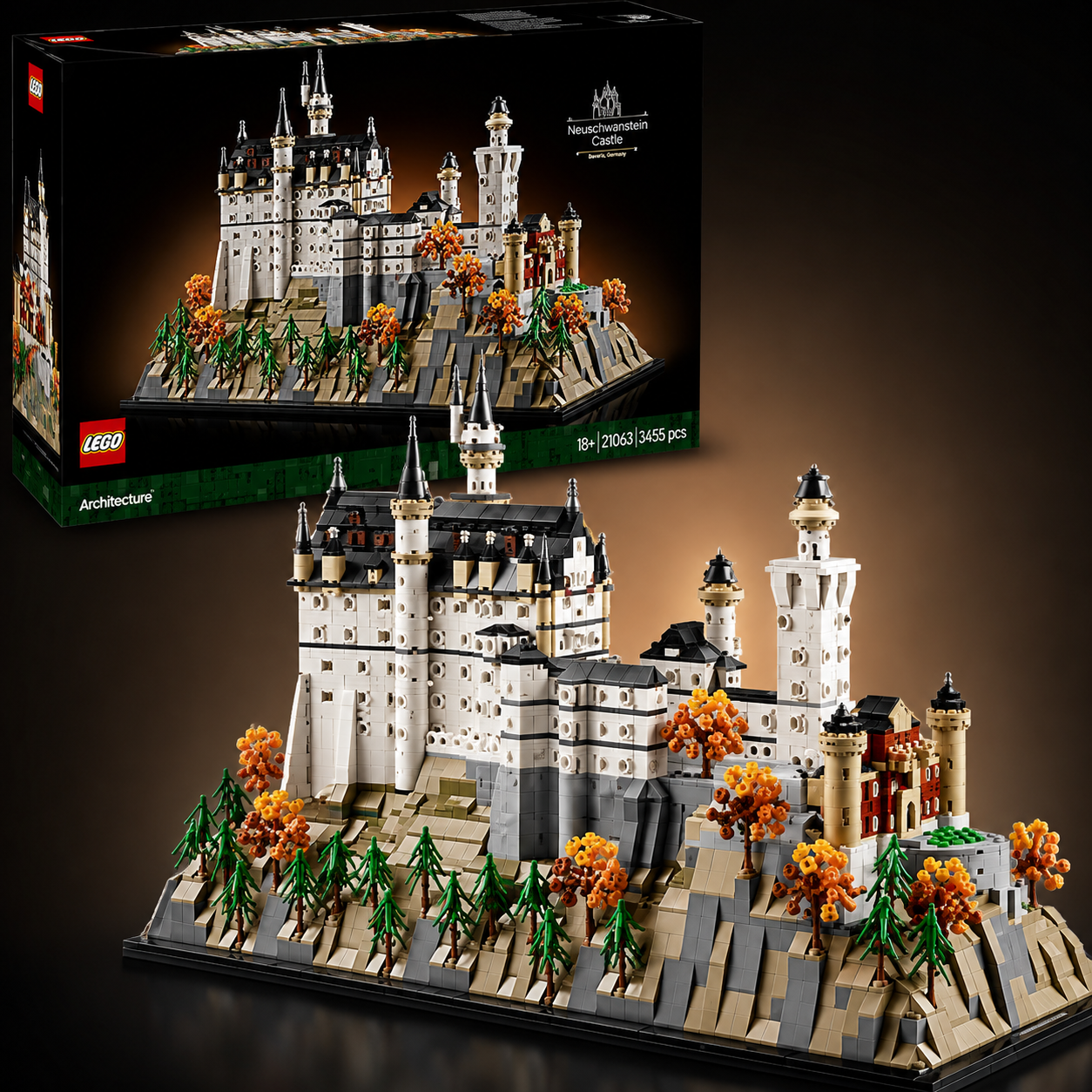 LEGO Icons Neuschwanstein Castle building set 10333 with 2207 pieces, showing completed model of the Bavarian castle with turrets, towers, autumn trees and rocky cliff base, alongside retail box — premium adult collector set available at iDecorators Kenya, Nairobi.