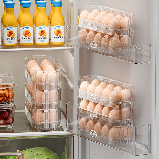 Organize your fridge with this 20-egg stackable acrylic egg storage box. Space-saving, durable, transparent, and designed to keep eggs fresh and protected.