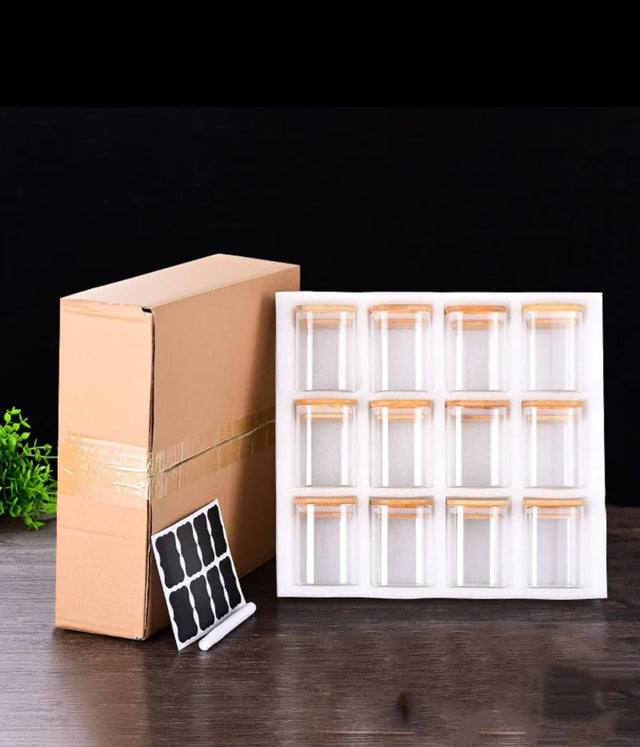 Organize your kitchen with this 12pcs borosilicate glass spice jar set, designed for durability and freshness.

Each jar features an airtight bamboo lid to protect contents from moisture and dust, keeping your spices fresh for longer.

Set Includes:
• 12pcs Glass Jars (250ml each)
• 12pcs Bamboo Scooping Spoons
• 12pcs Stickers + 1 Marker Pen

Key Features:
• Premium borosilicate glass – strong & heat-resistant
• Airtight lids – keeps spices fresh and dry
• 250ml capacity – perfect for spices & dry foods
• 