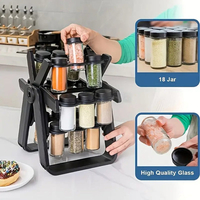Spice rack black rotating with 18 glass jars on kitchen counter — iDecorators Kenya