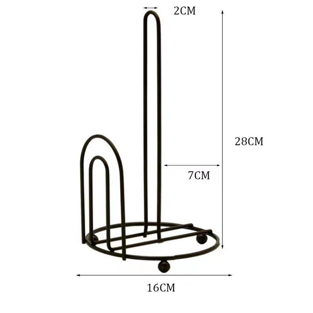Black metal paper towel holder for standard kitchen paper towel rolls with a freestanding countertop design