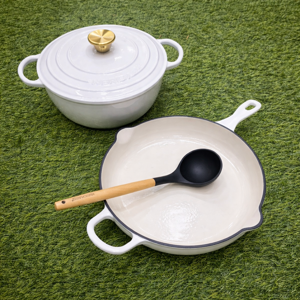 Premium Enamel Cast Iron Cookware Set 3pcs – 28cm Casserole & Skillet with Gold Knobs | Durable Multi-Purpose Cooking Pots Kenya