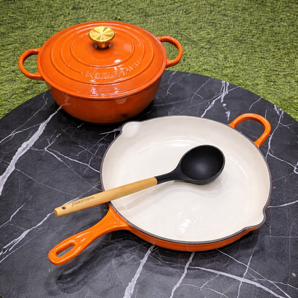 Premium Enamel Cast Iron Cookware Set 3pcs – 28cm Casserole & Skillet with Gold Knobs | Durable Multi-Purpose Cooking Pots Kenya