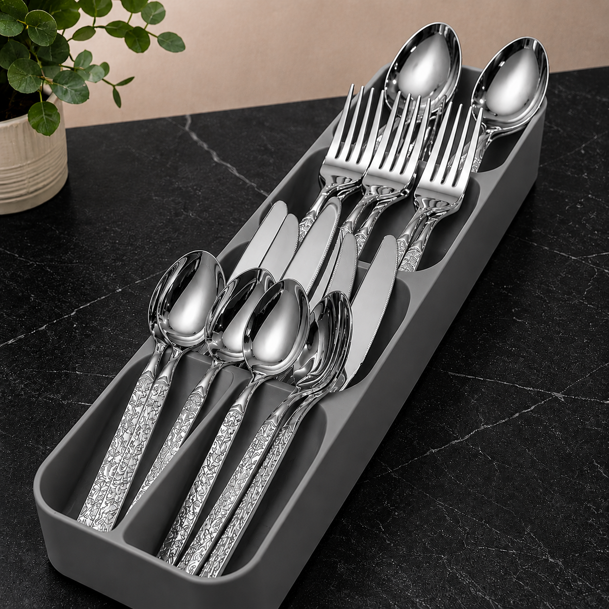 Premium silver Cutlery Set with Holder (24pcs + Tray Organizer)