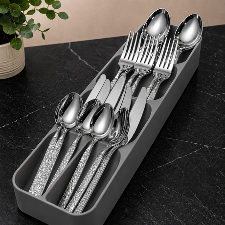 Premium silver Cutlery Set with Holder (24pcs + Tray Organizer)