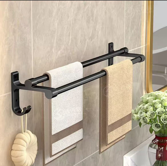 Punch-Free Double Towel Rack with Hooks 60cm