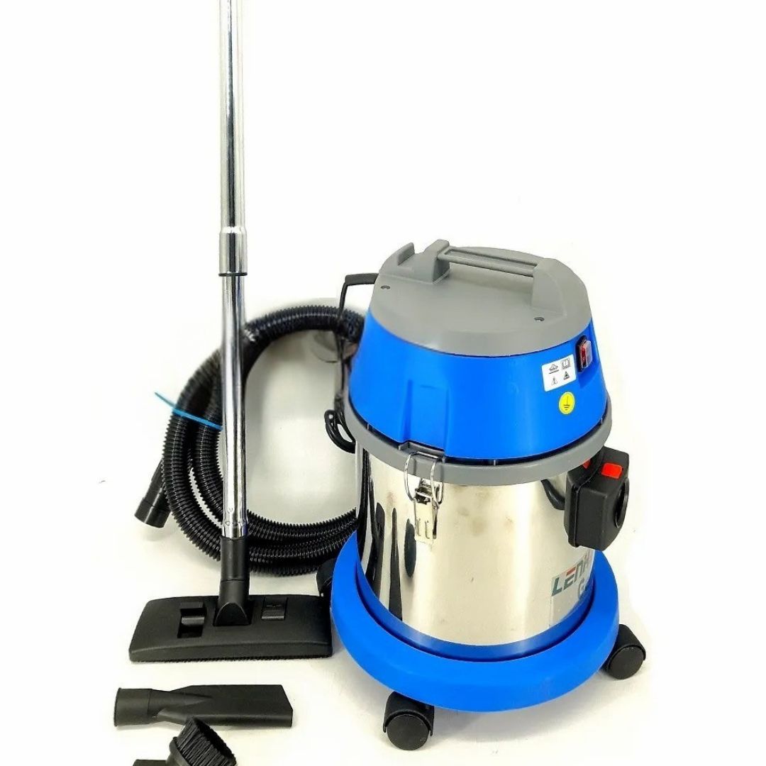 Blue and silver vacuum cleaner with attachments on a white background
