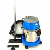 Blue and silver vacuum cleaner with attachments on a white background