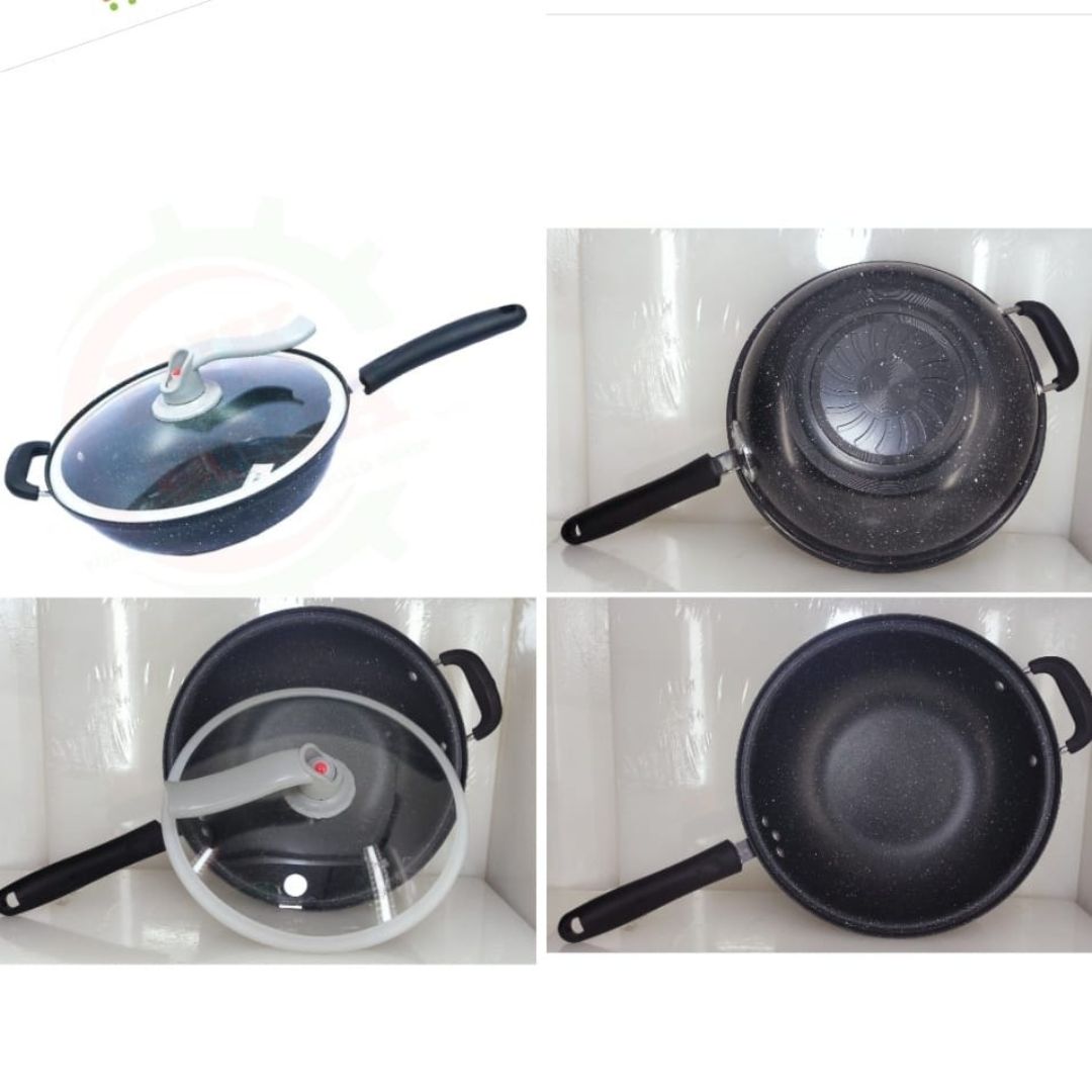 Non stick Marble Wok With Clear Lid 32cm