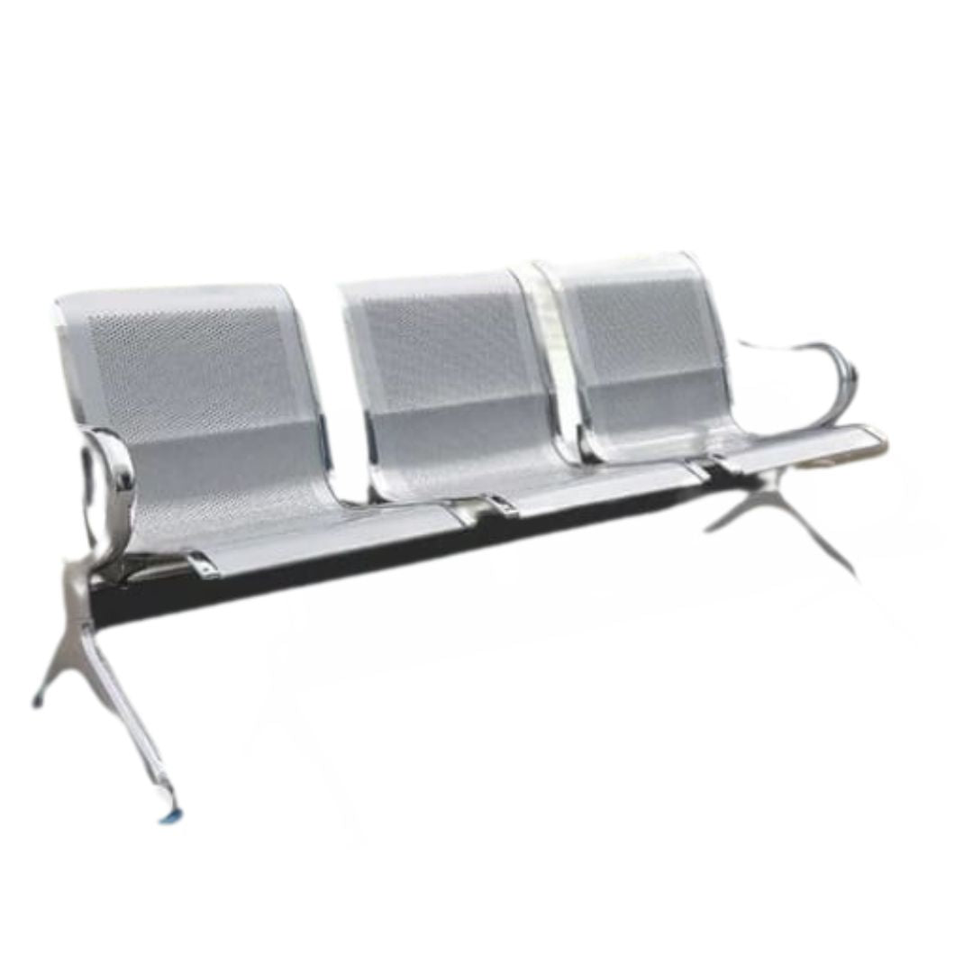Here’s a brief point-form description of a Mild Steel 3-Seater Waiting Chair:

🪑 Seating Capacity: 3 persons

🛠️ Material: Strong and durable mild steel frame

🪟 Design: Sleek perforated metal seat and backrest for ventilation

💺 Comfort: Slightly contoured seats with armrests for added comfort

🏢 Use: Ideal for offices, hospitals, banks, and reception areas

🔩 Finish: Powder-coated or chrome finish for rust resistance and easy maintenance