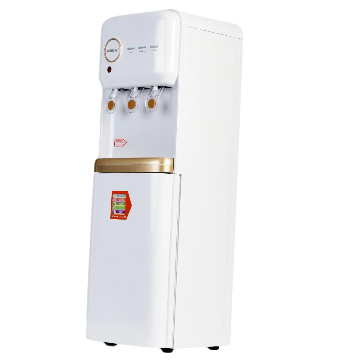 Rebune floor-standing water dispenser in white and gold with three push taps for hot, normal and cold water, LED indicators on top, and a lower storage cabinet with gold trim accent