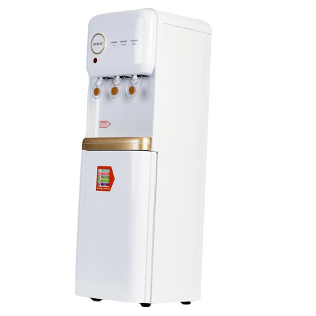 Rebune floor-standing water dispenser in white and gold with three push taps for hot, normal and cold water, LED indicators on top, and a lower storage cabinet with gold trim accent