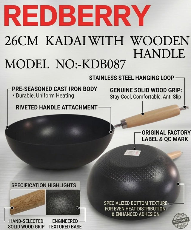 Redberry 26cm pre-seasoned cast iron kadai with wooden handle
