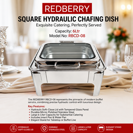 Redberry square hydraulic chafing dish 6 litre stainless steel buffet food warmer with soft-close glass lid for catering and hotel serving in Kenya