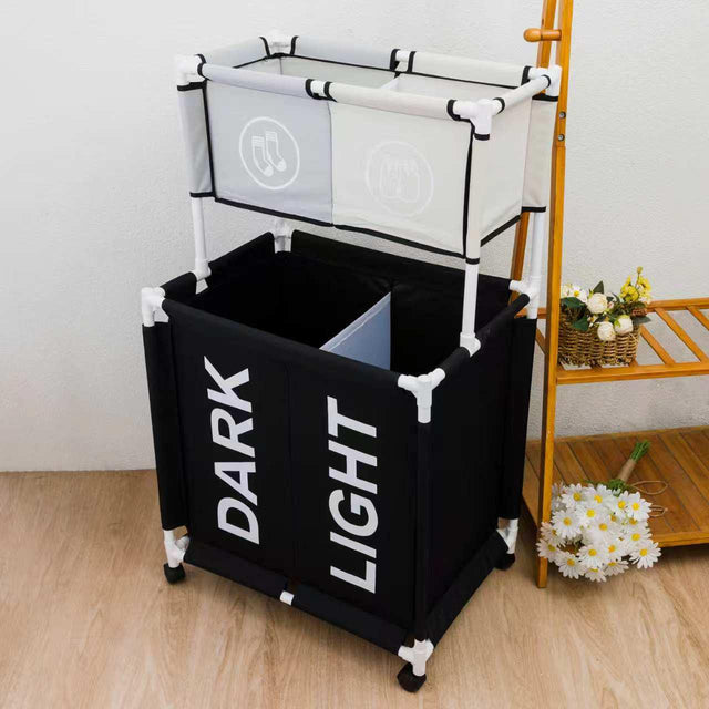 Rolling Laundry Hamper with Dual Sorting Baskets & Storage Shelf