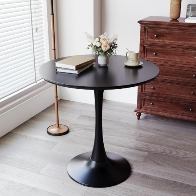 Round Dining Table with Faux Marble Top and Pedestal Base