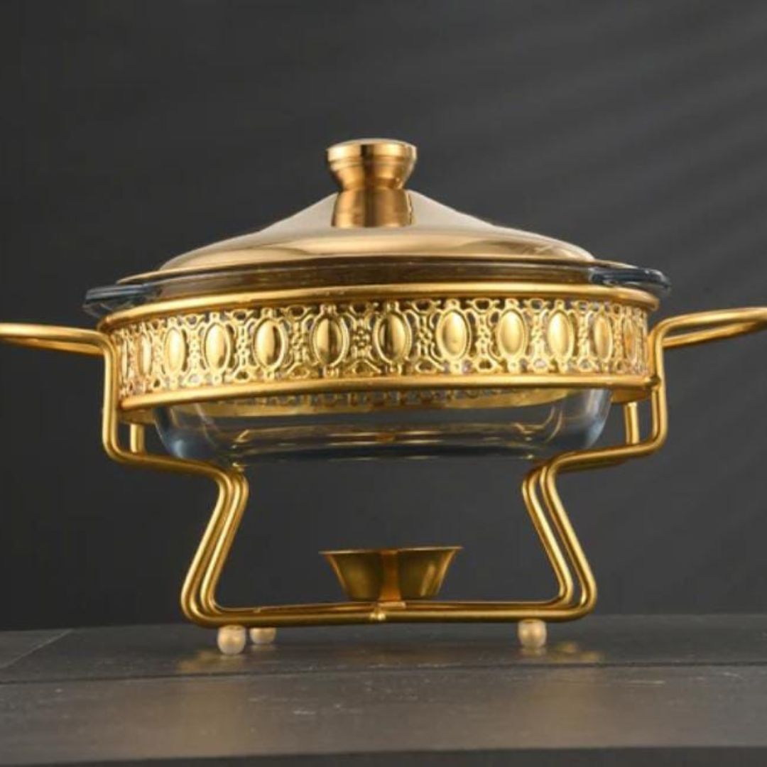 Round Glass Chafing Dish with Gold Stand – 2 liters