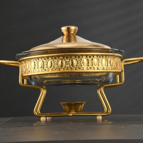 Round Glass Chafing Dish with Gold Stand – 2 liters