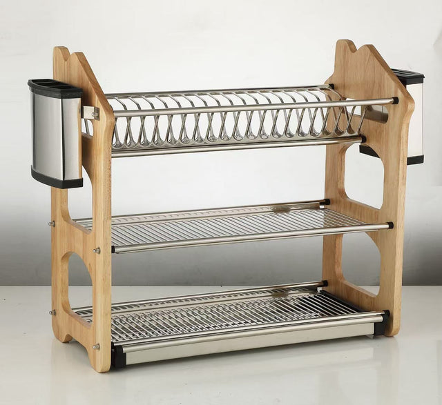3-tier stainless steel and bamboo dish drying rack with plate slots, cutlery holders and drainage tray in Kenya