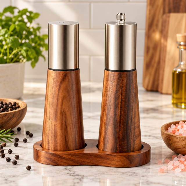 SILVER Salt and pepper grinder set wood with metallic top on wooden stand — iDecorators Kenya