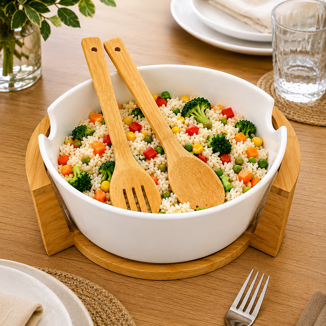 Serve salads in style with this ceramic salad bowl featuring a bamboo stand and matching serving utensils. Perfect for modern kitchens and entertaining.