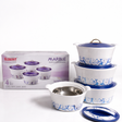 Set of white and blue ceramic containers with a matching box on a white background
