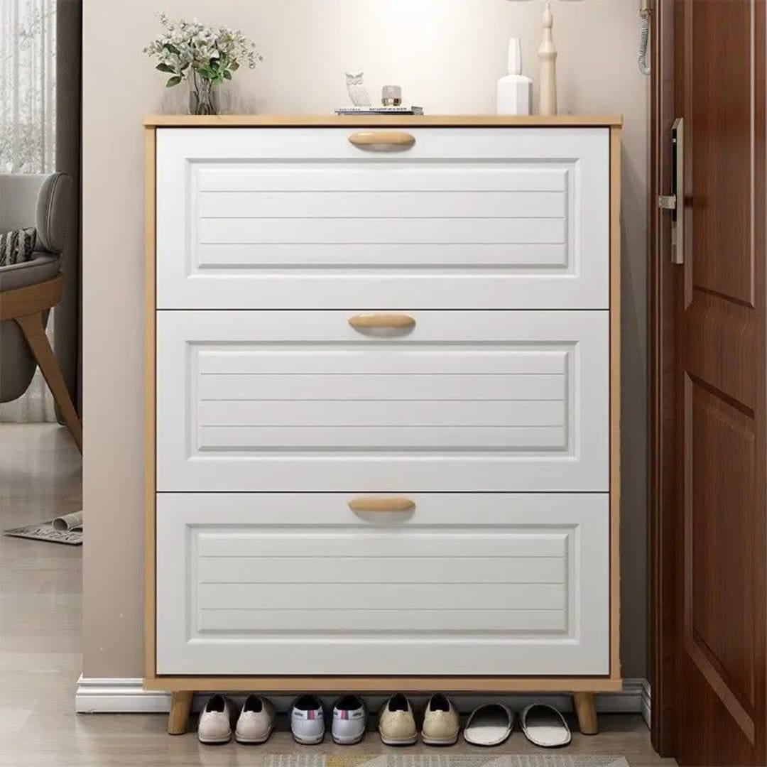 Shoe cabinet white with wood finish frame 3 flip down drawers at entryway — iDecorators Kenya